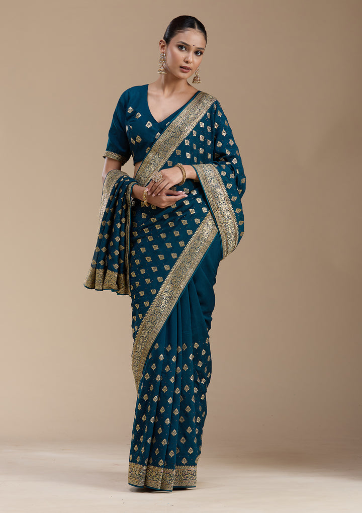 Teal Green Soft Raw Silk Gold Zariwork Saree With Matching Blouse Piece
