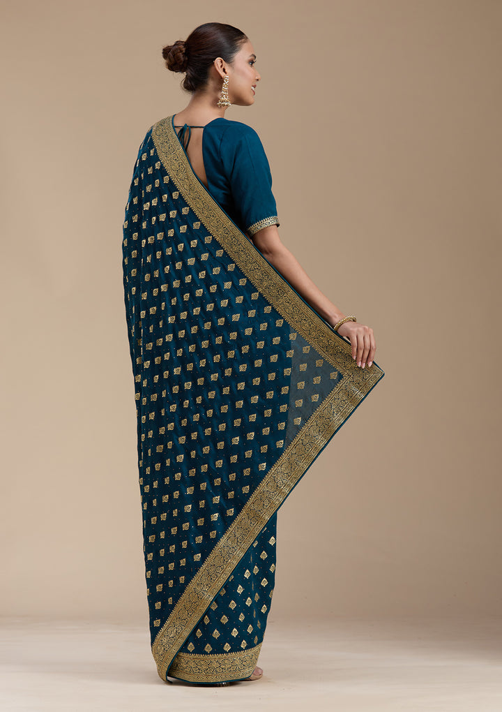 Teal Green Soft Raw Silk Gold Zariwork Saree With Matching Blouse Piece