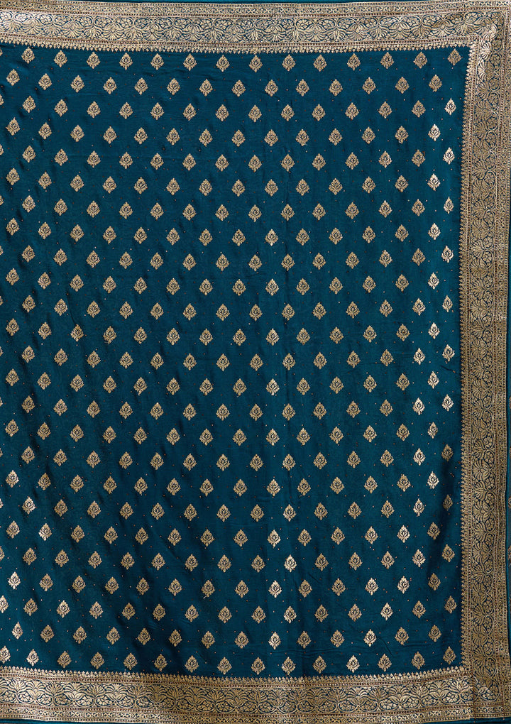 Teal Green Soft Raw Silk Gold Zariwork Saree With Matching Blouse Piece