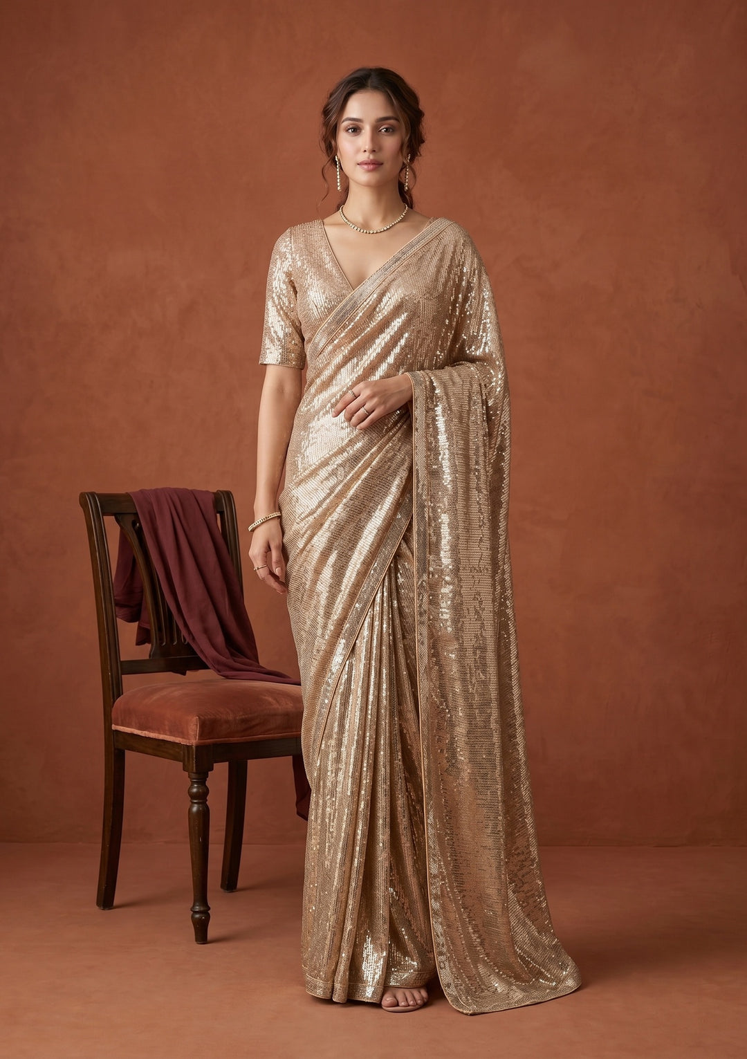 Beige Sequins Georgette Saree