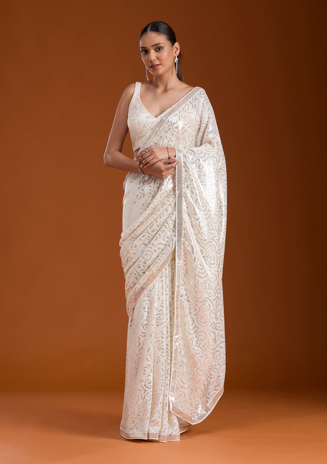 Off White Sequins Georgette Saree