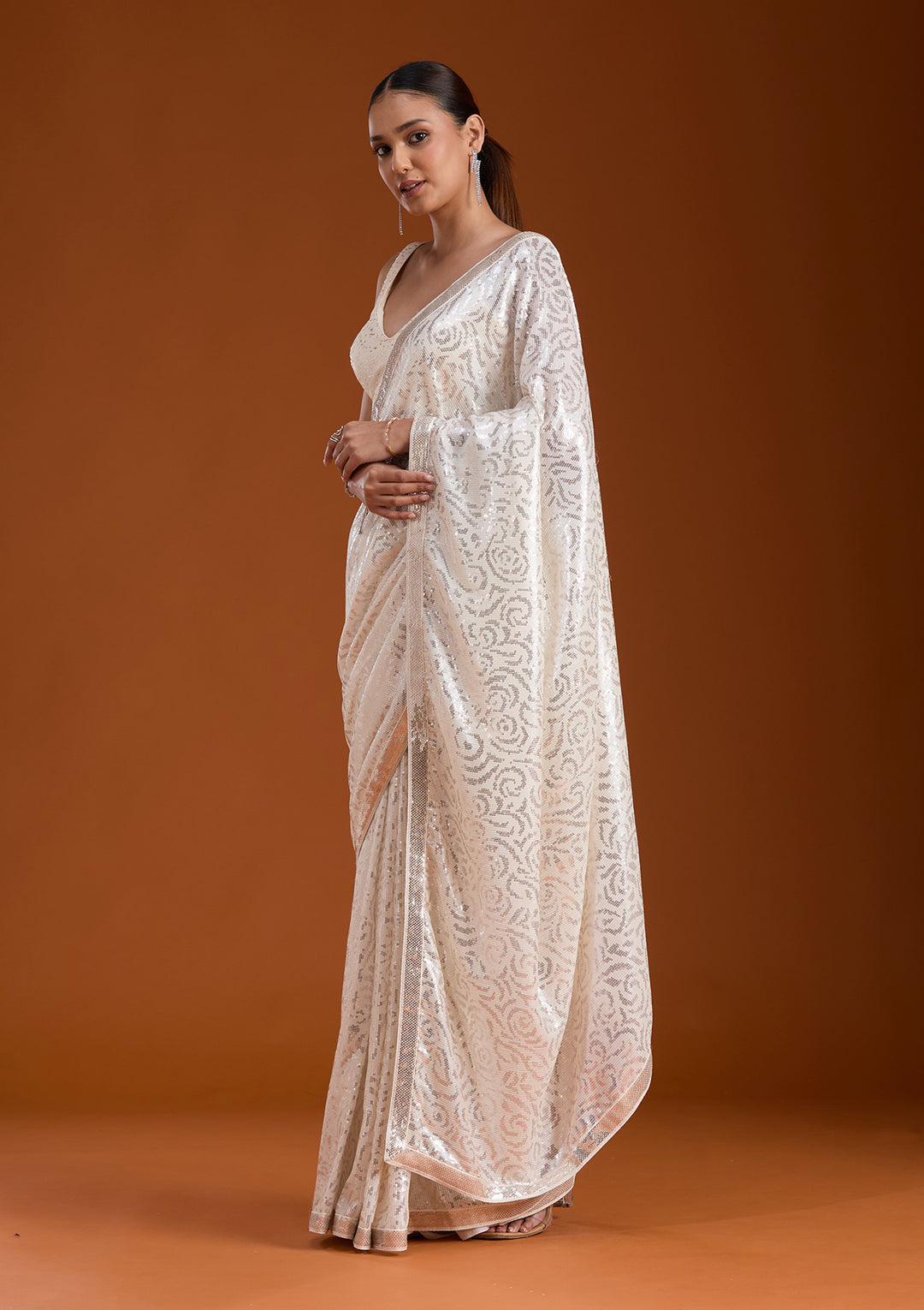 Off White Sequins Georgette Saree