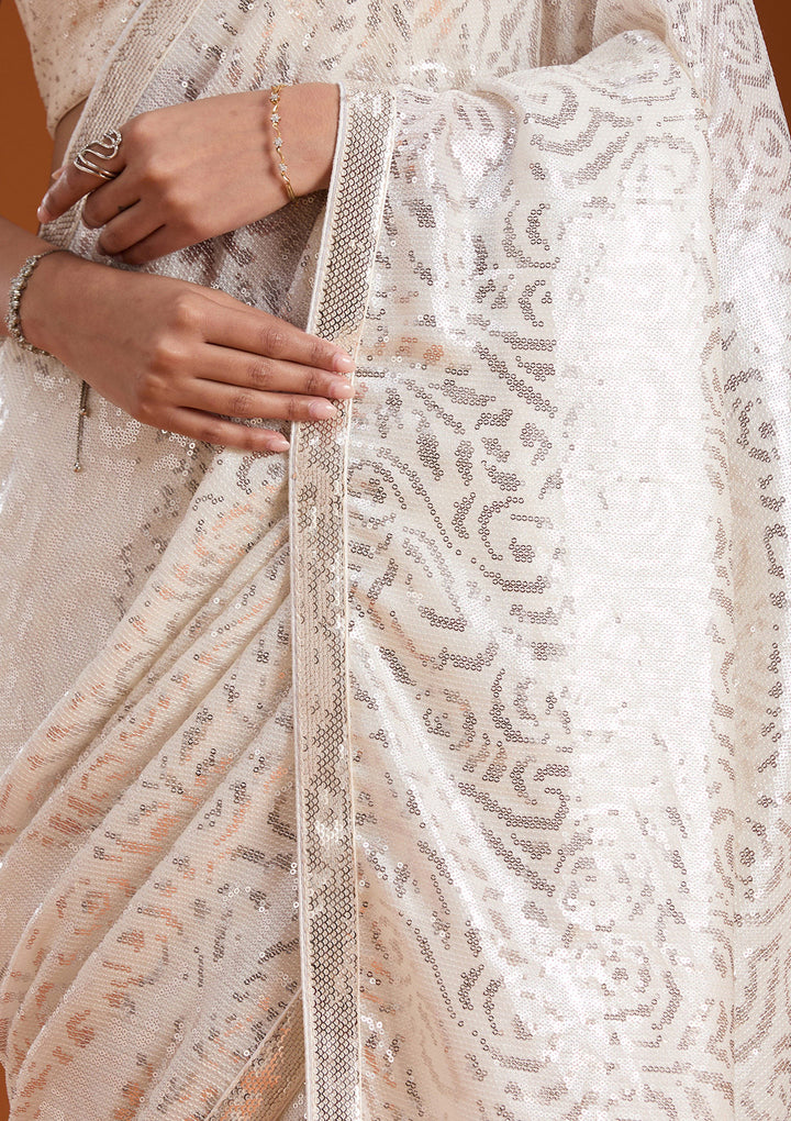 Off White Sequins Georgette Saree