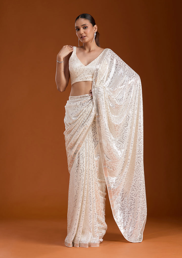 Off White Sequins Georgette Saree