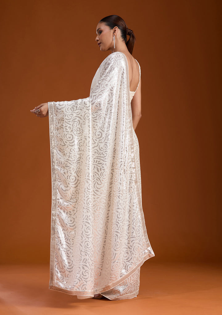 Off White Sequins Georgette Saree