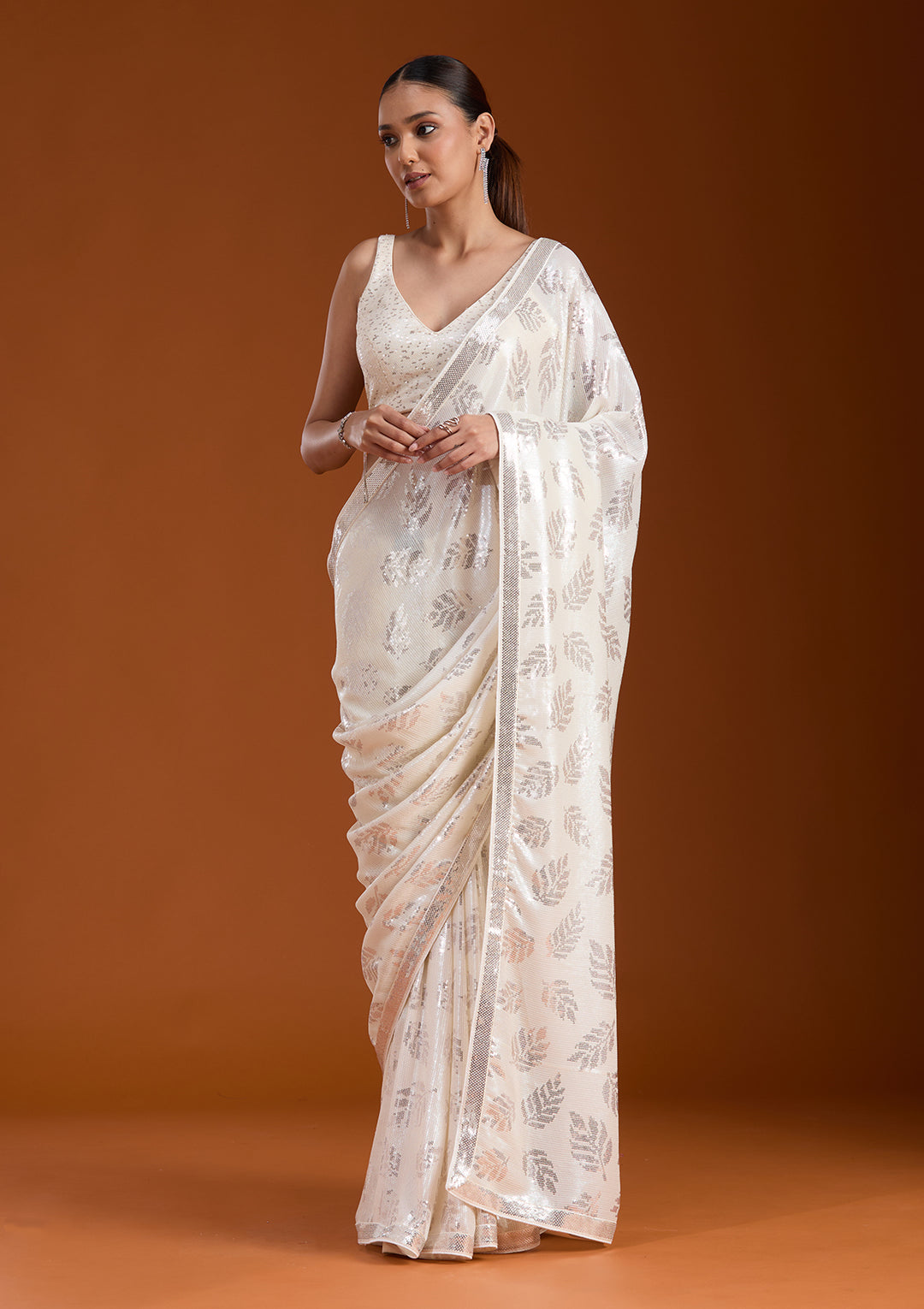 Off White Sequins Georgette Saree