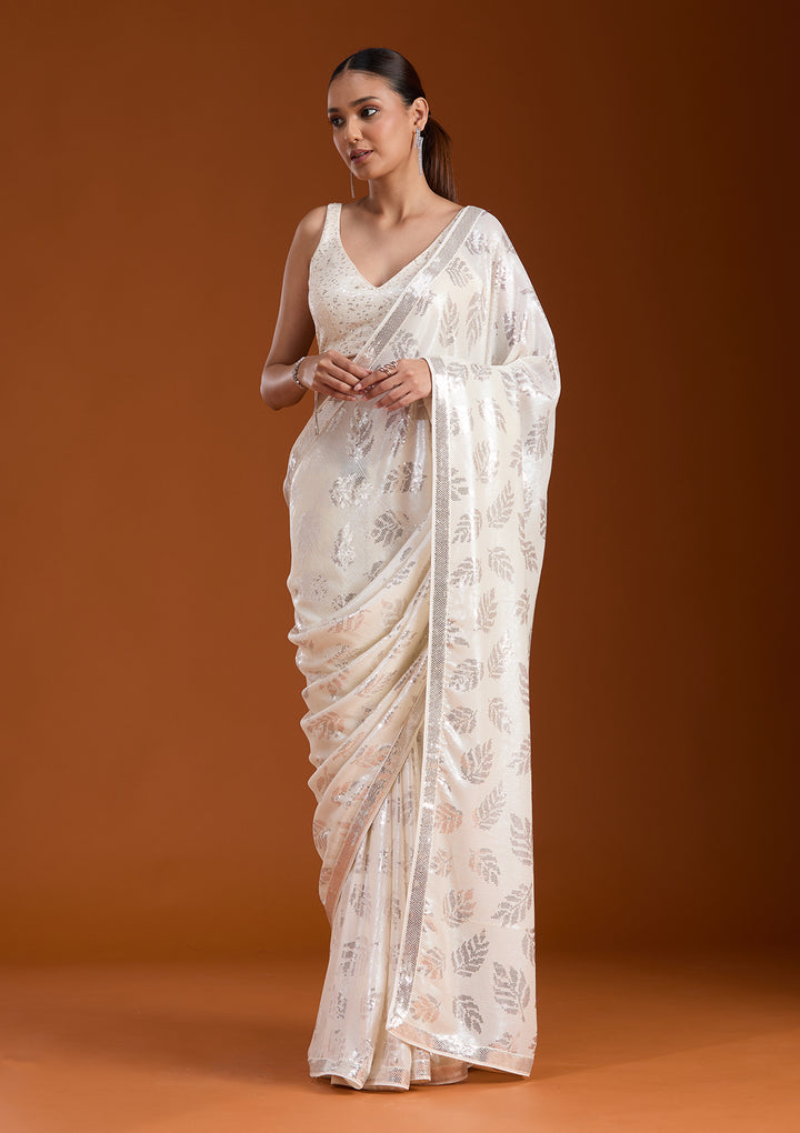 Off White Sequins Georgette Saree