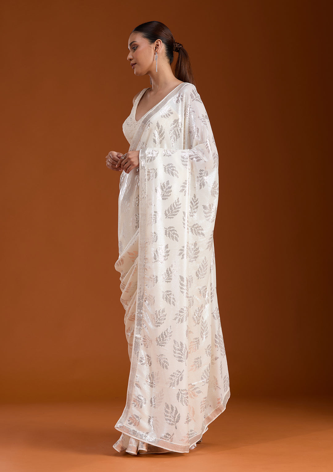 Off White Sequins Georgette Saree