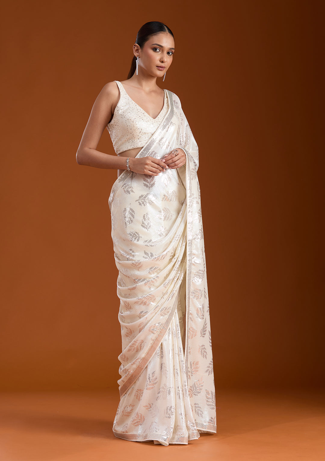 Off White Sequins Georgette Saree