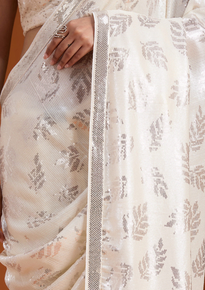 Off White Sequins Georgette Saree