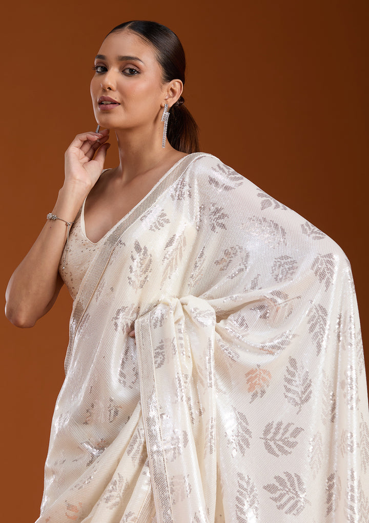Off White Sequins Georgette Saree