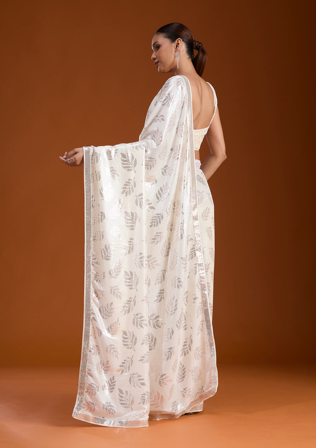 Off White Sequins Georgette Saree