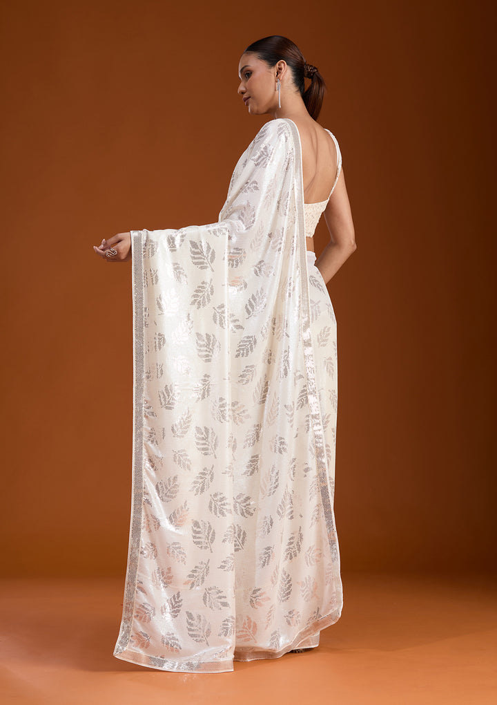 Off White Sequins Georgette Saree