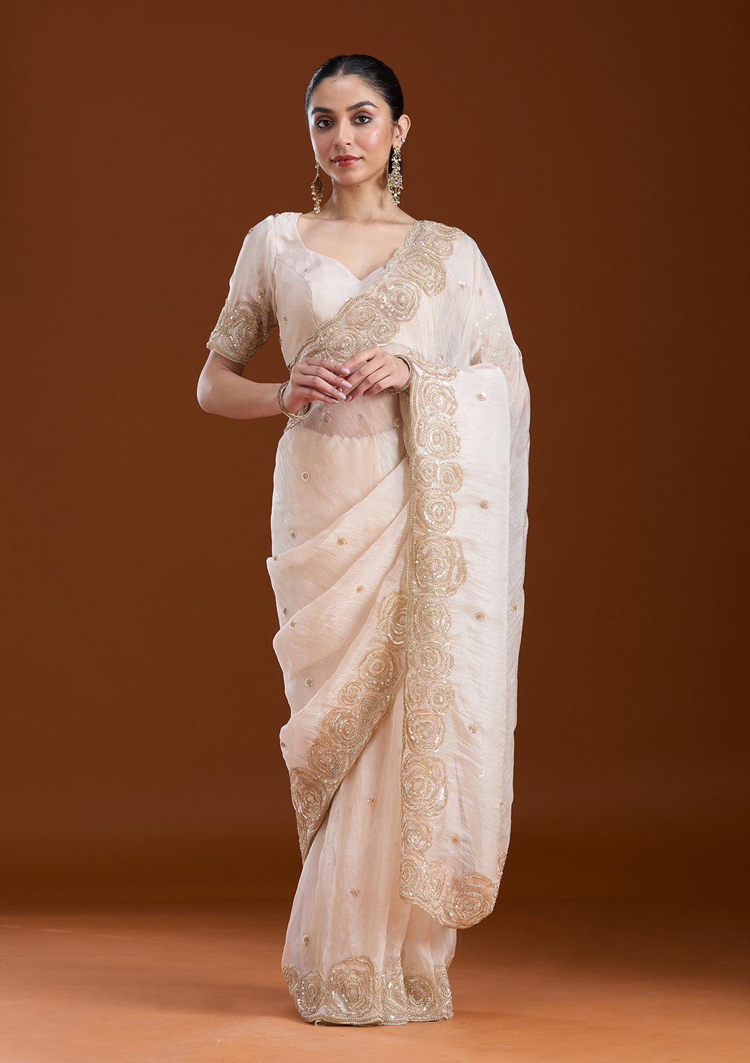 Light Peach Sequins Tissue Saree