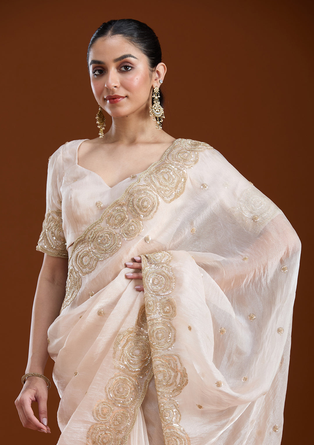 Light Peach Sequins Tissue Saree