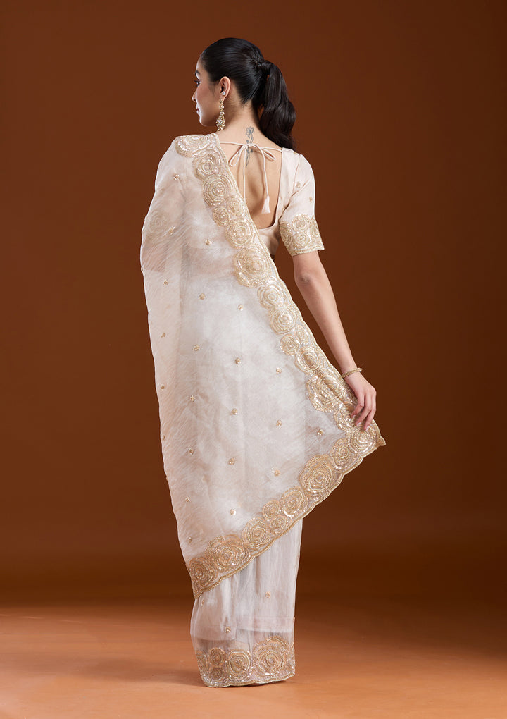Light Peach Sequins Tissue Saree