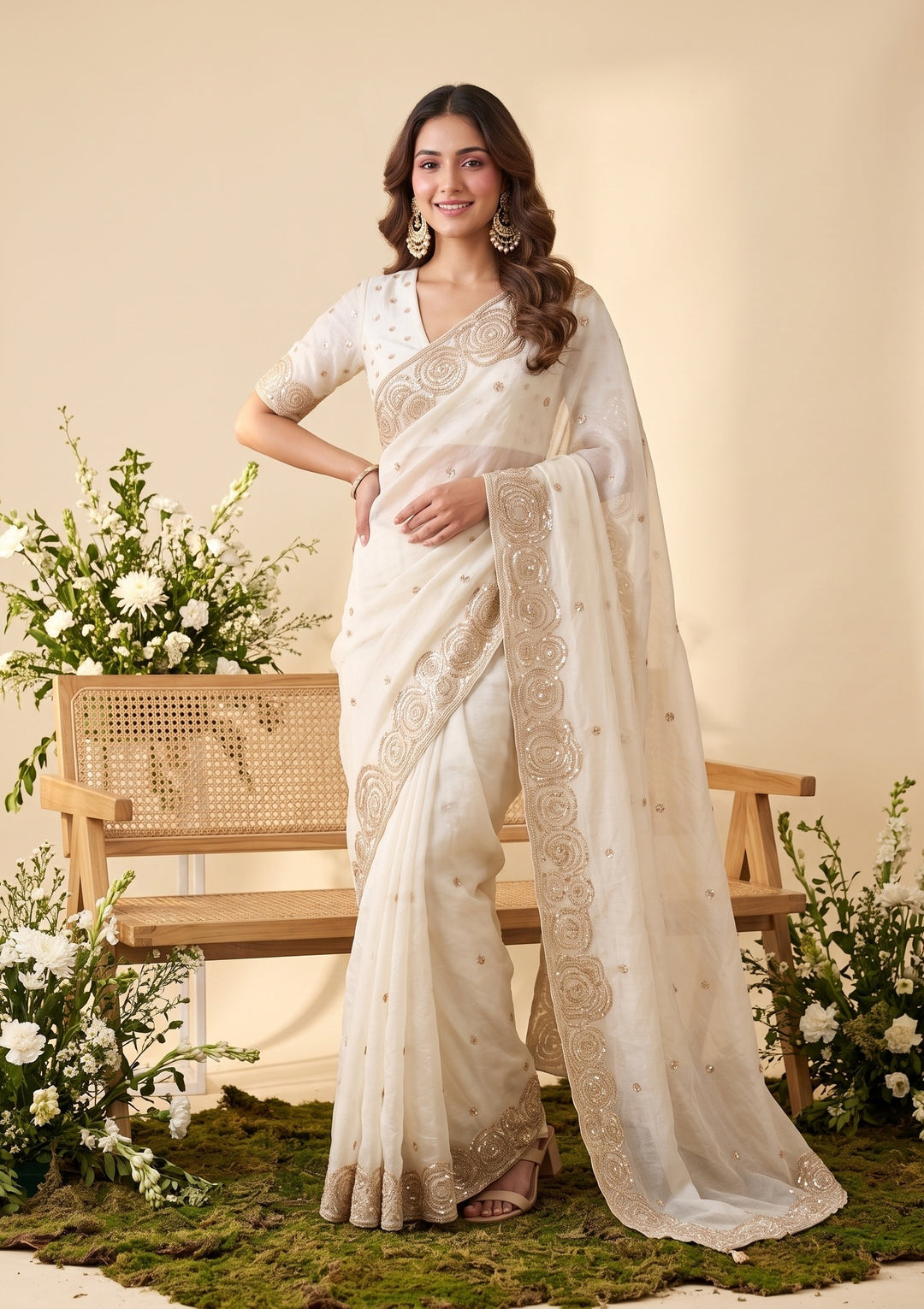 Off White Sequins Organza Saree
