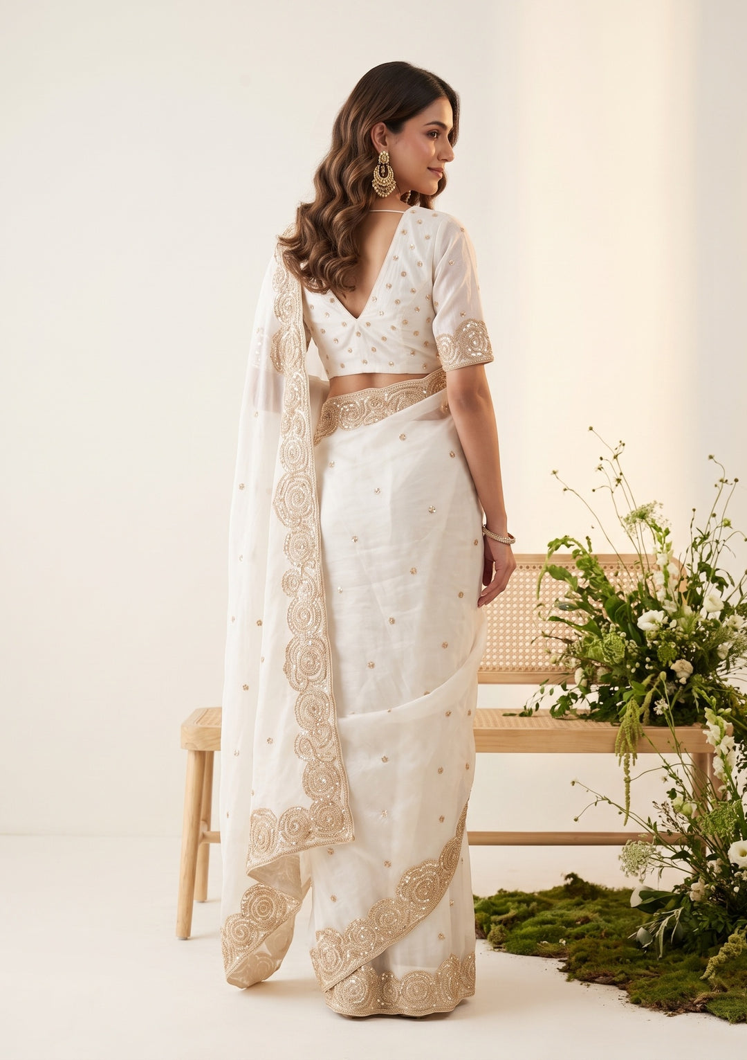 Off White Sequins Organza Saree
