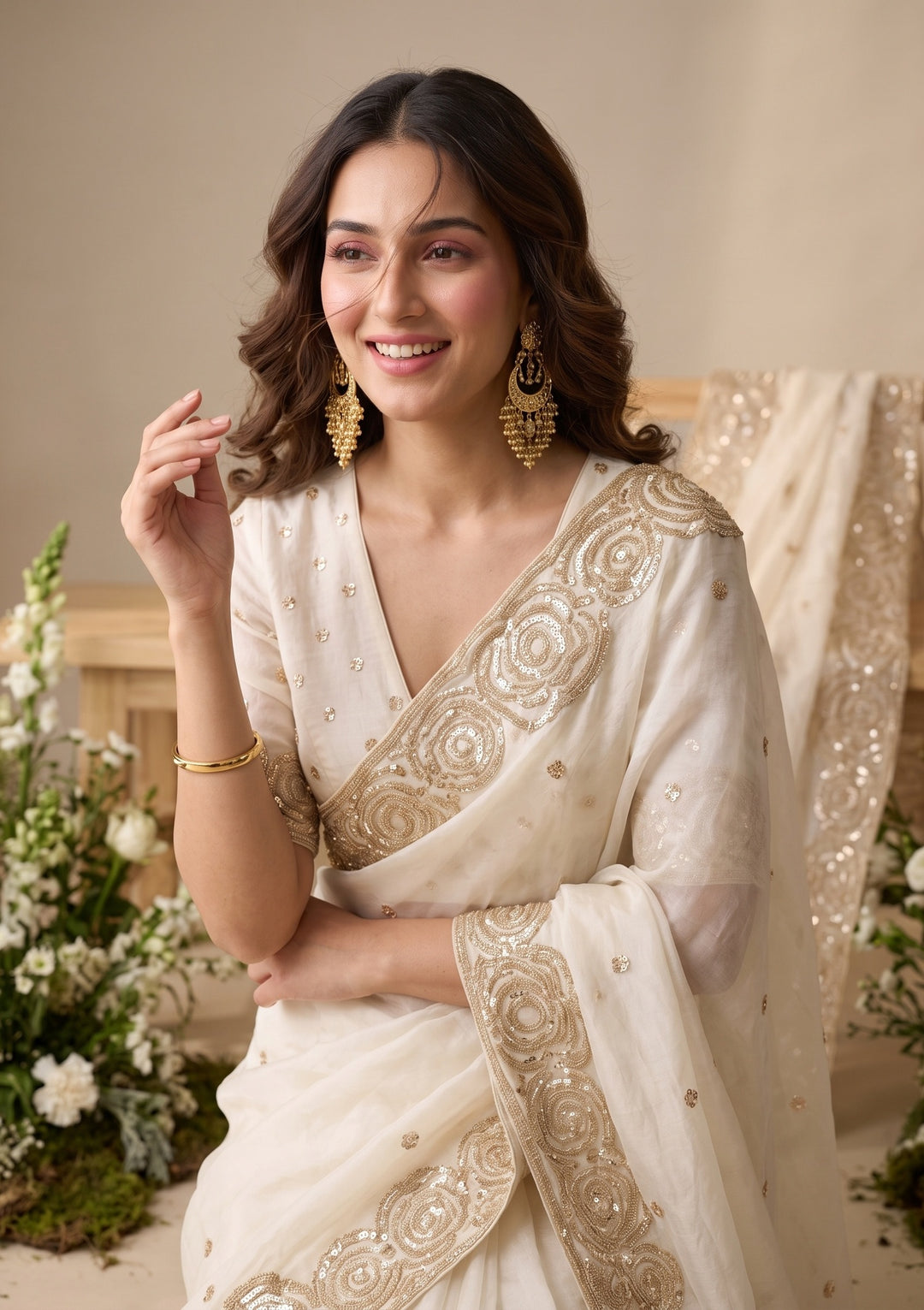 Off White Sequins Organza Saree