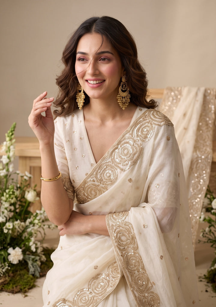 Off White Sequins Organza Saree