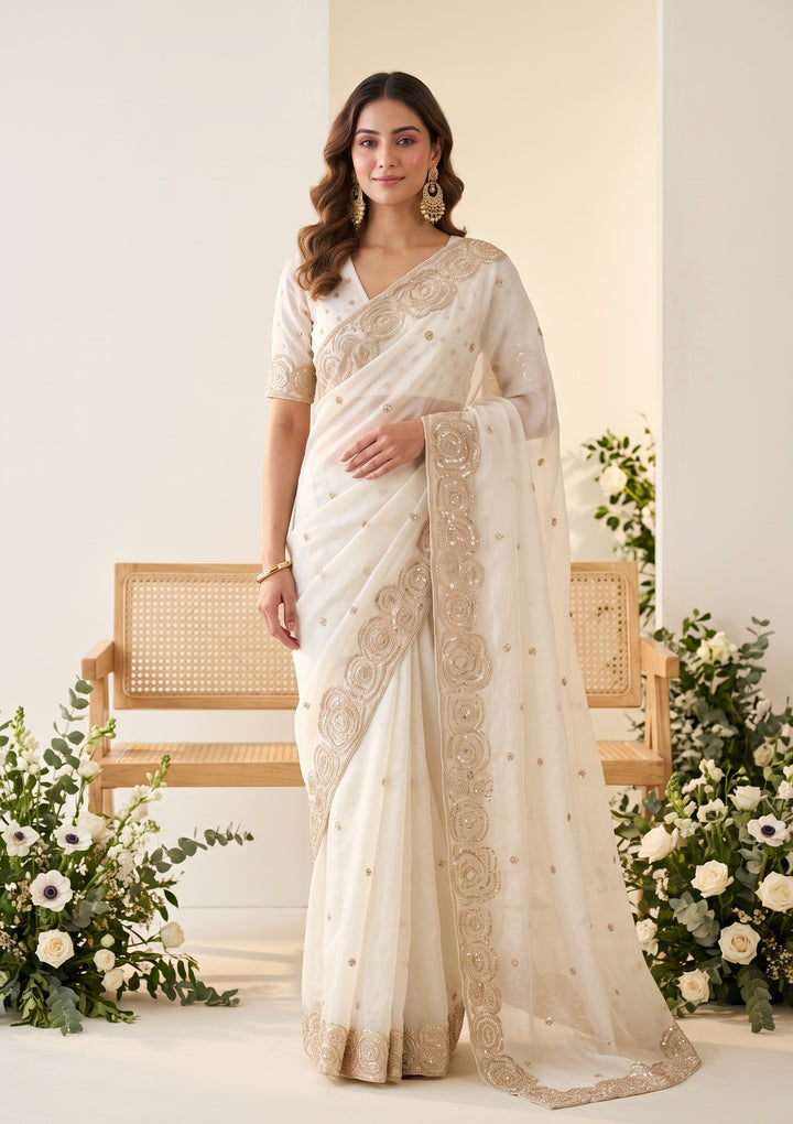 Off White Sequins Organza Saree