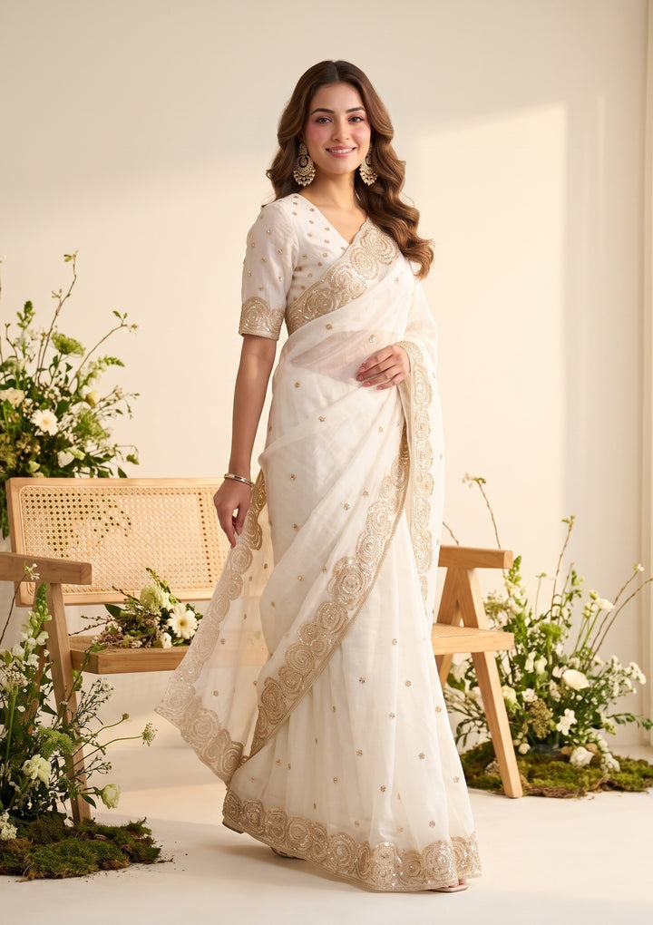 Off White Sequins Organza Saree