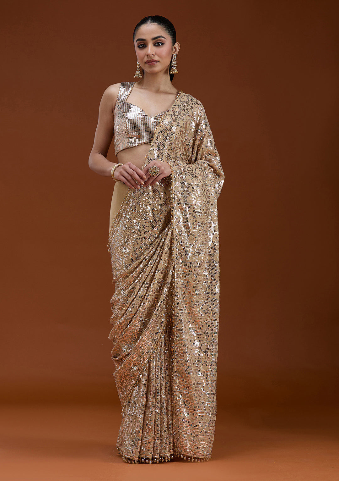 Beige Sequins Georgette Saree