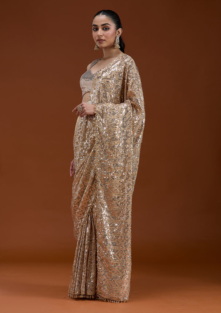 Beige Sequins Georgette Saree