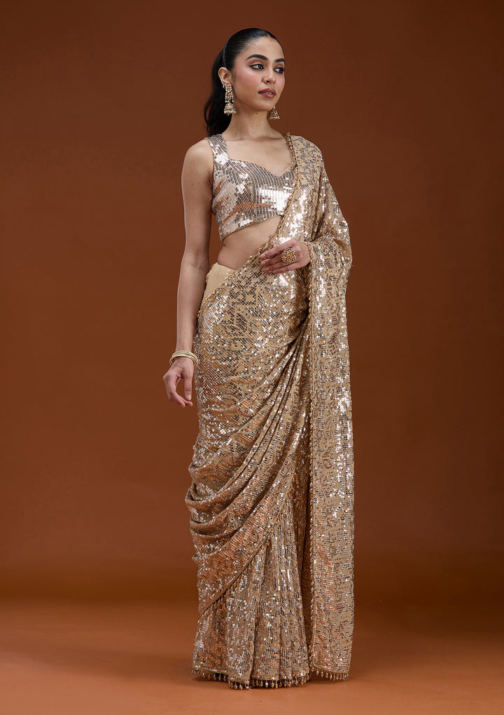 Beige Sequins Georgette Saree