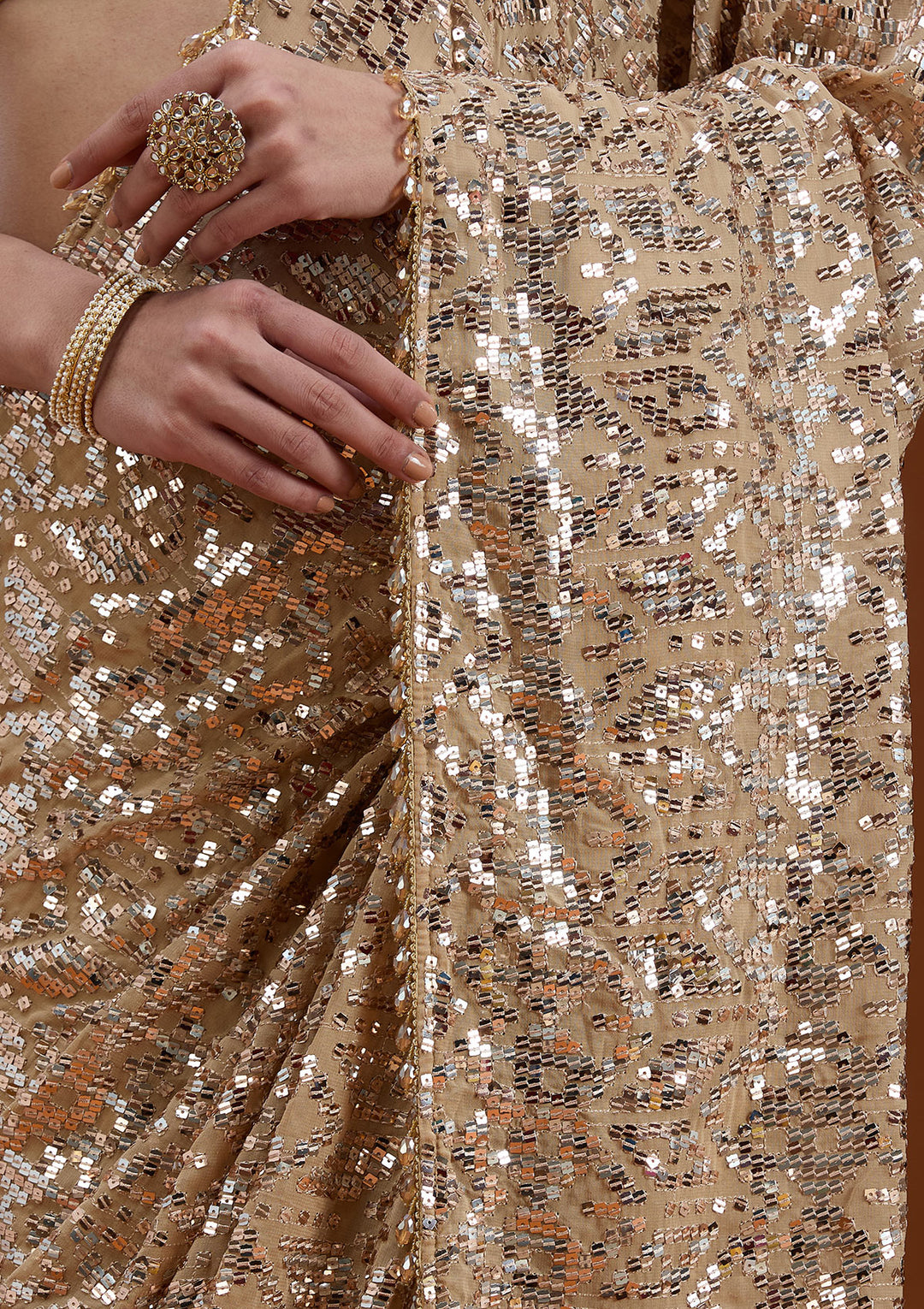 Beige Sequins Georgette Saree