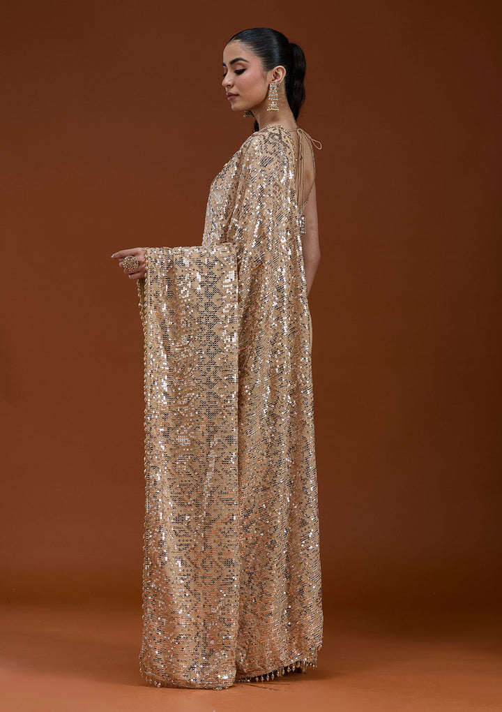 Beige Sequins Georgette Saree