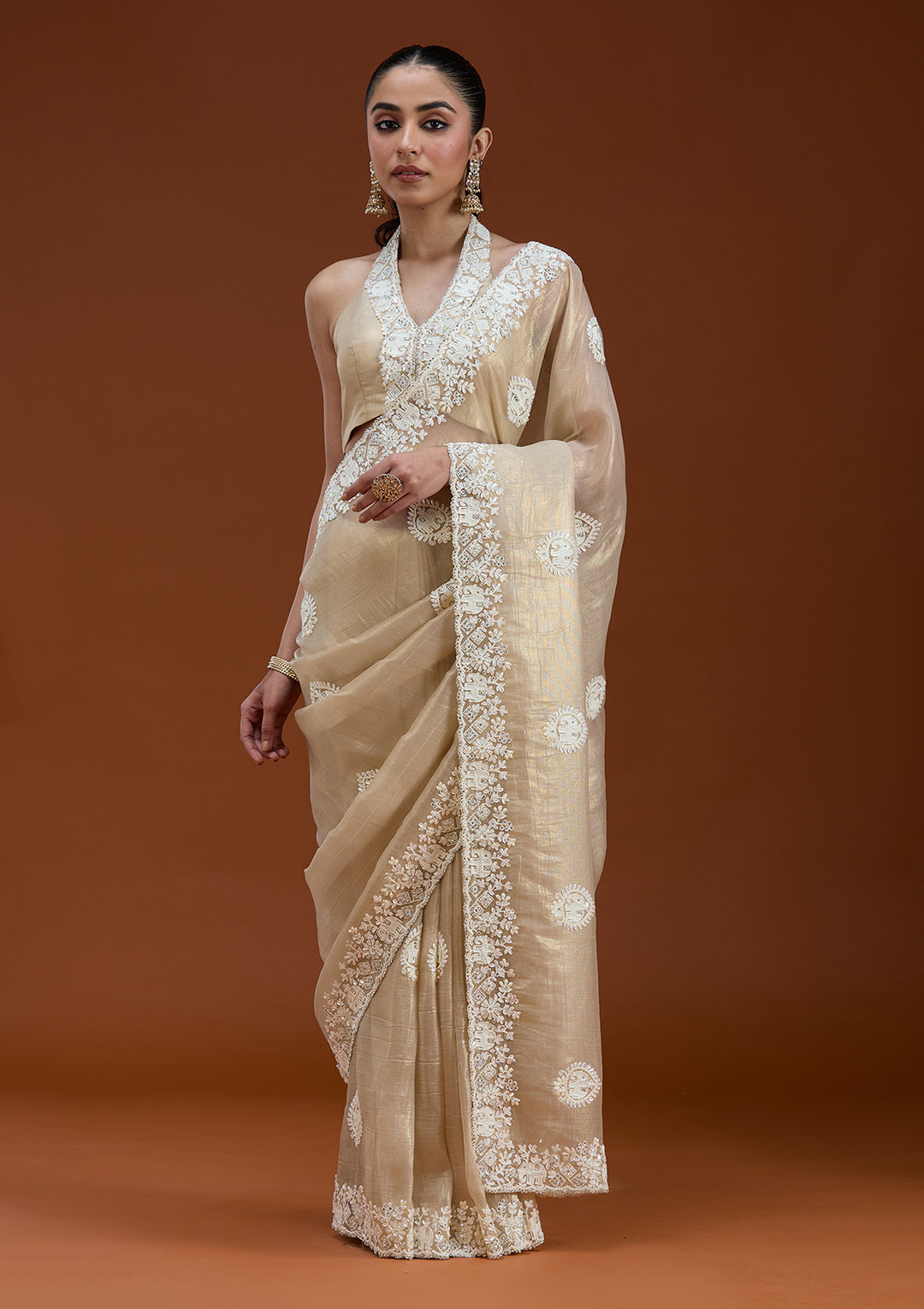Beige Pearlwork Tissue Saree
