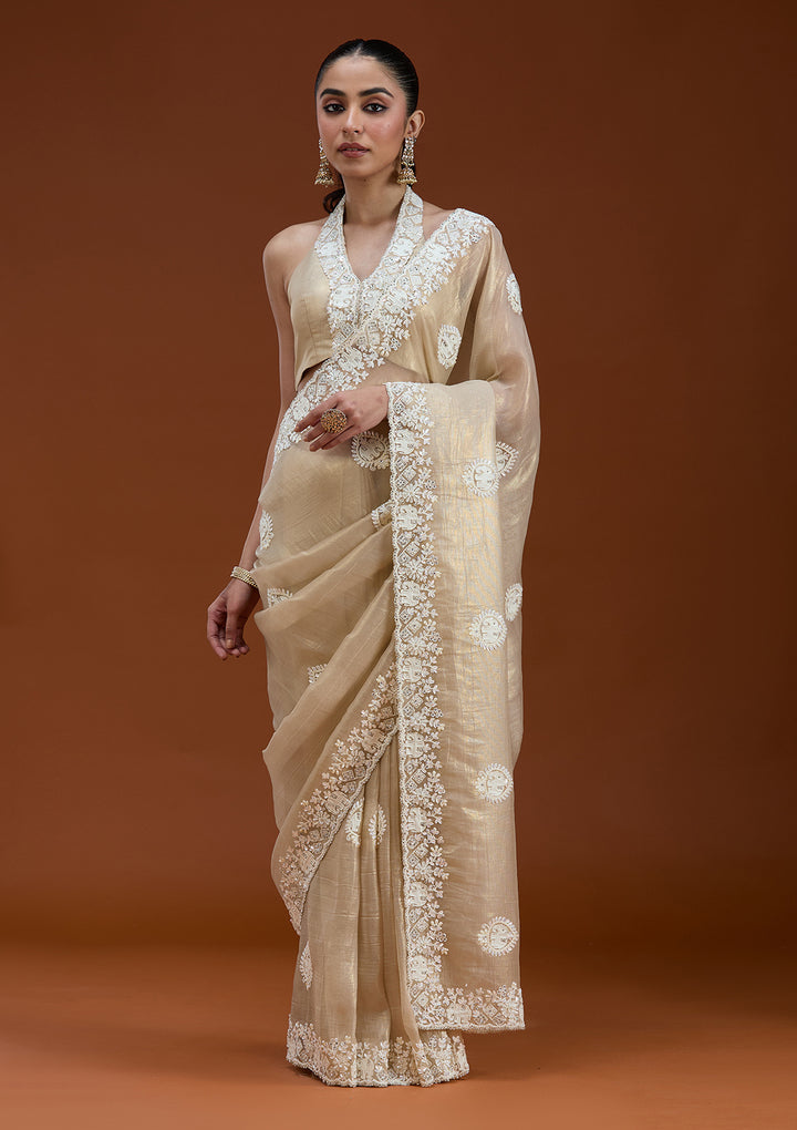 Beige Pearlwork Tissue Saree