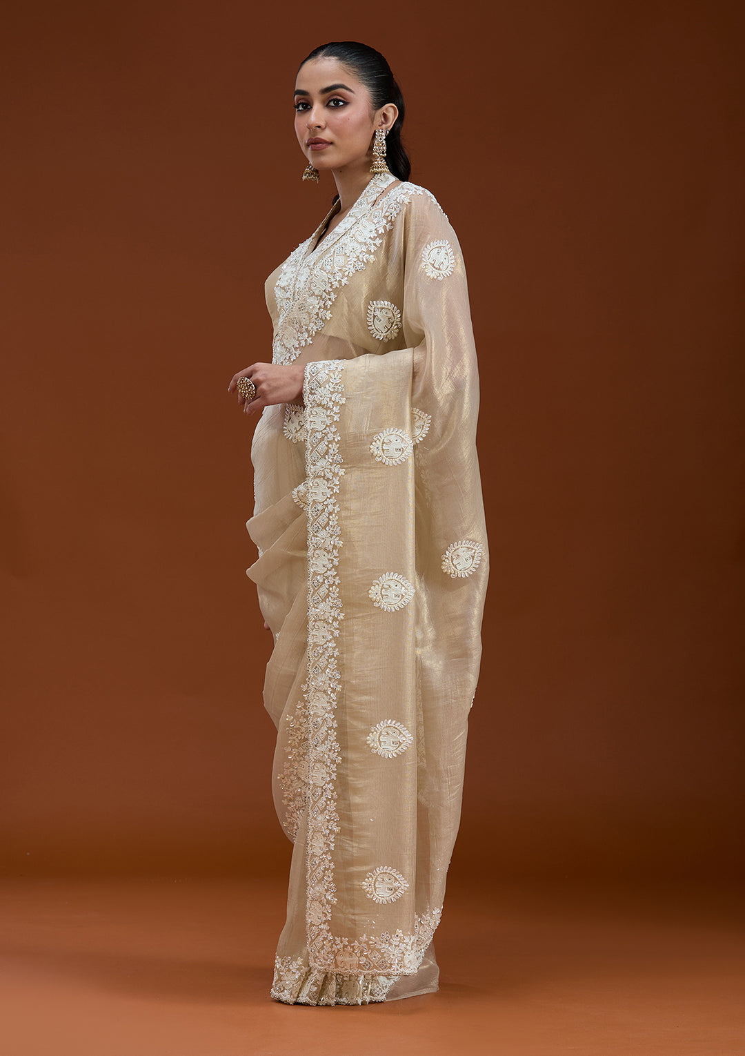 Beige Pearlwork Tissue Saree