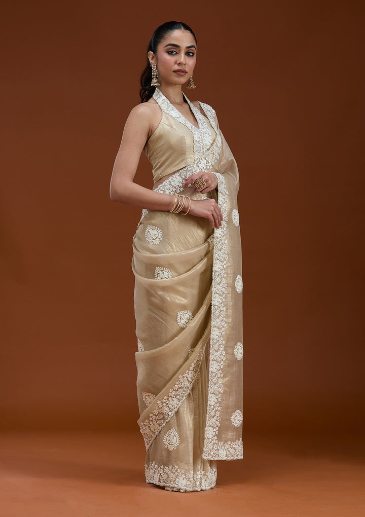 Beige Pearlwork Tissue Saree