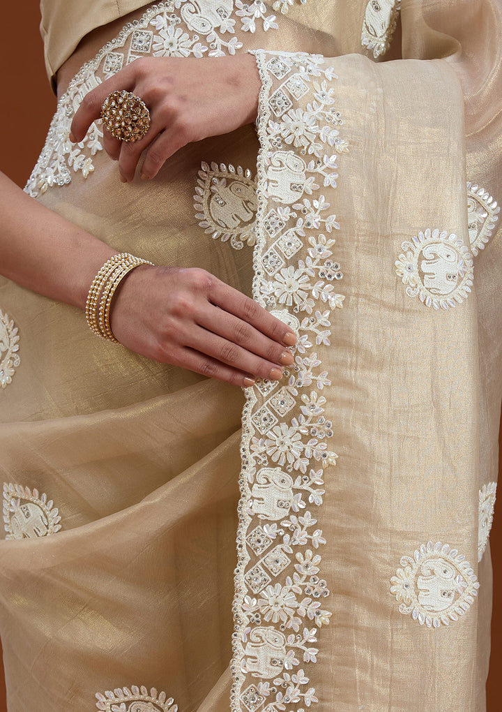 Beige Pearlwork Tissue Saree