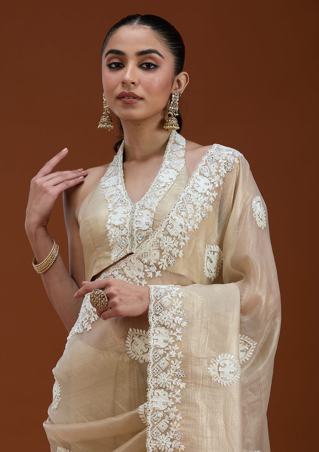 Beige Pearlwork Tissue Saree