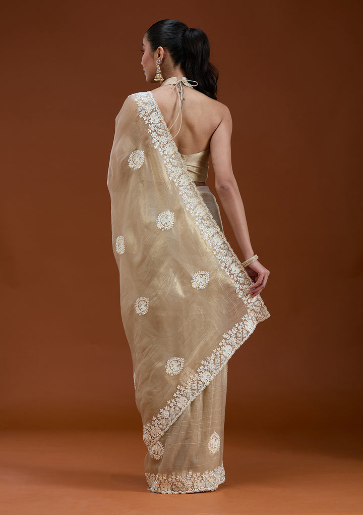 Beige Pearlwork Tissue Saree