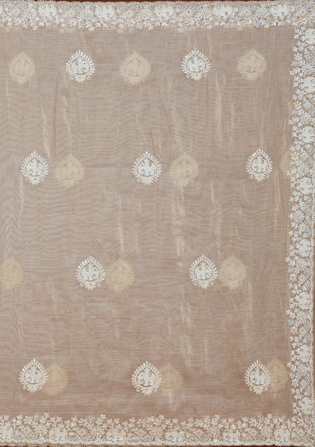 Beige Pearlwork Tissue Saree