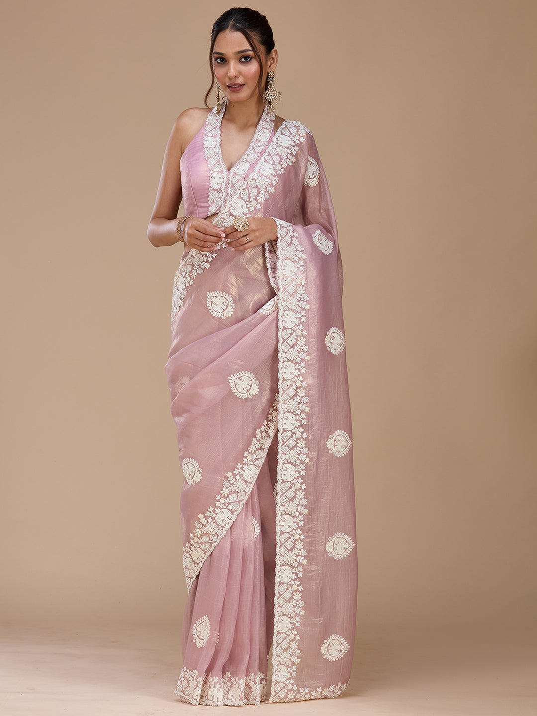 Mauve Pearlwork Tissue Saree