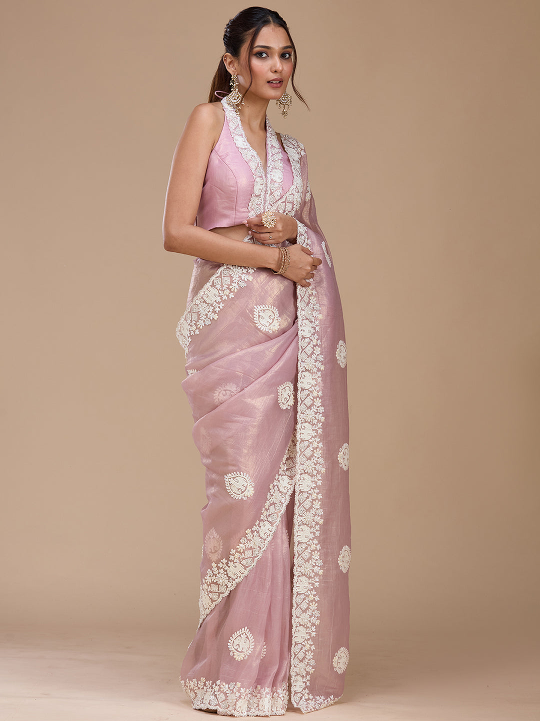 Mauve Pearlwork Tissue Saree