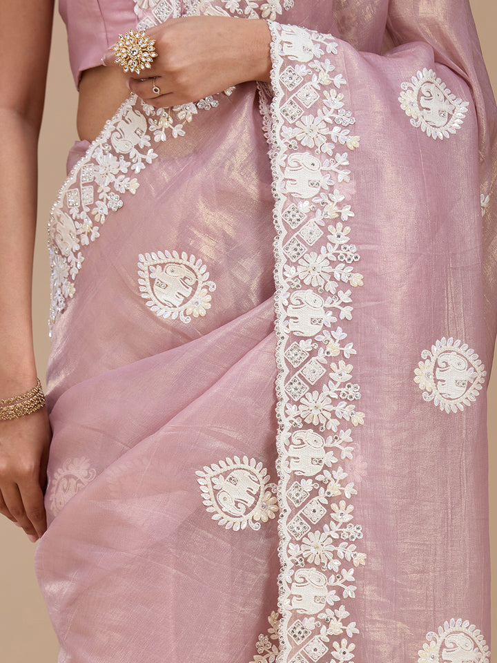 Mauve Pearlwork Tissue Saree