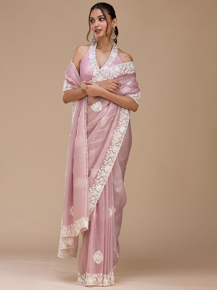 Mauve Pearlwork Tissue Saree