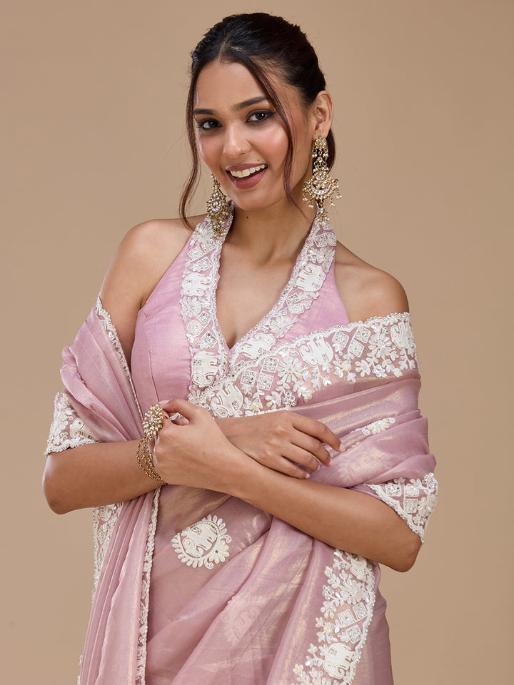 Mauve Pearlwork Tissue Saree