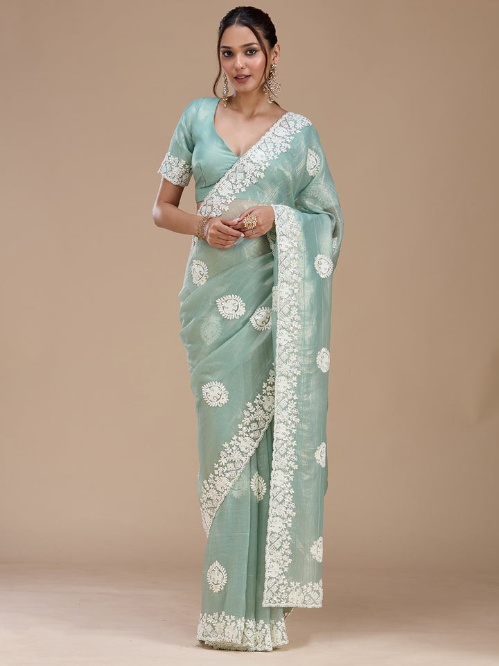 Sea Green Pearlwork Tissue Saree