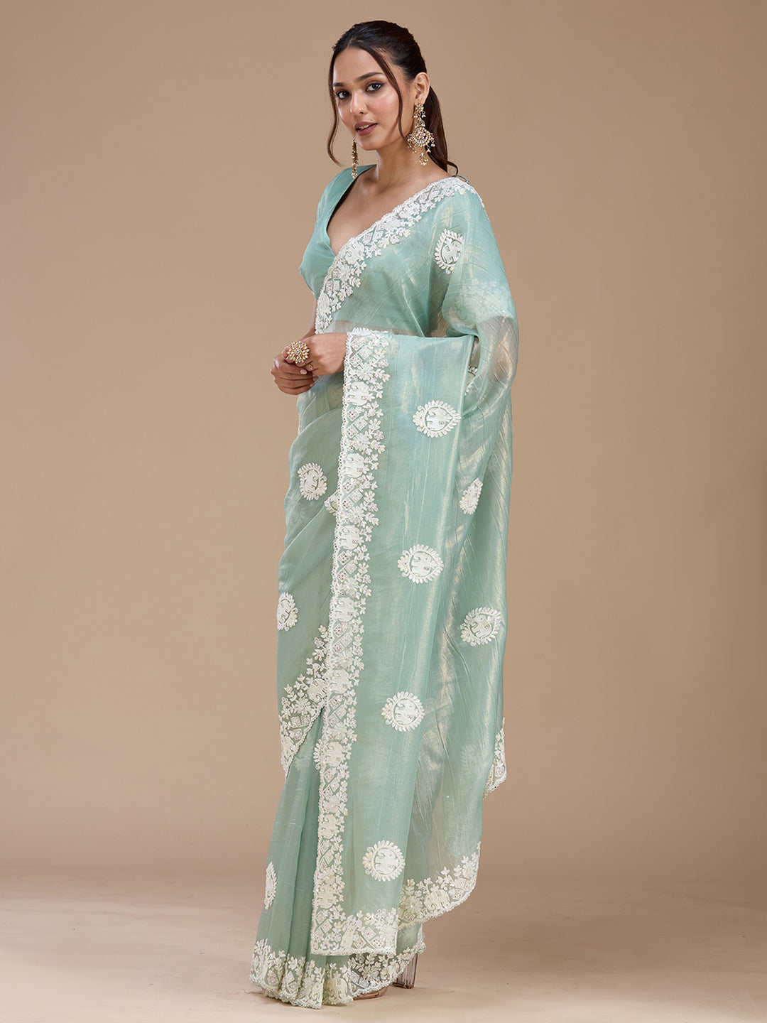 Sea Green Pearlwork Tissue Saree