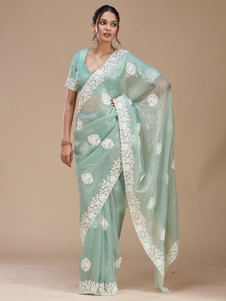 Sea Green Pearlwork Tissue Saree