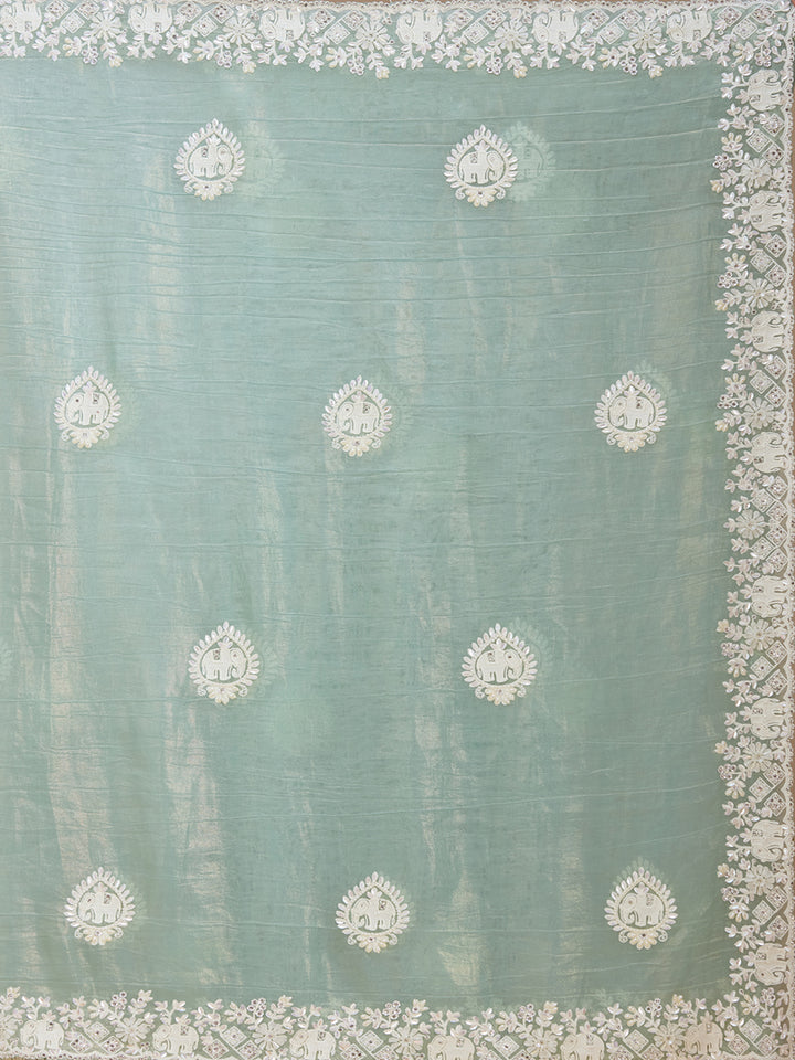 Sea Green Pearlwork Tissue Saree