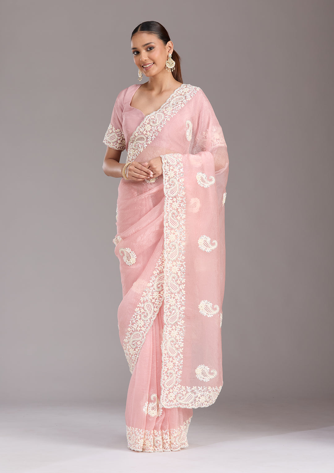 Baby Pink Pearlwork Tissue Saree