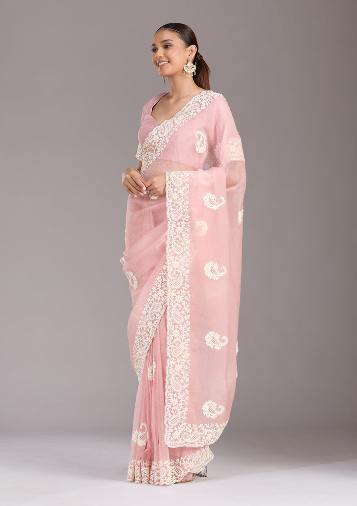 Baby Pink Pearlwork Tissue Saree